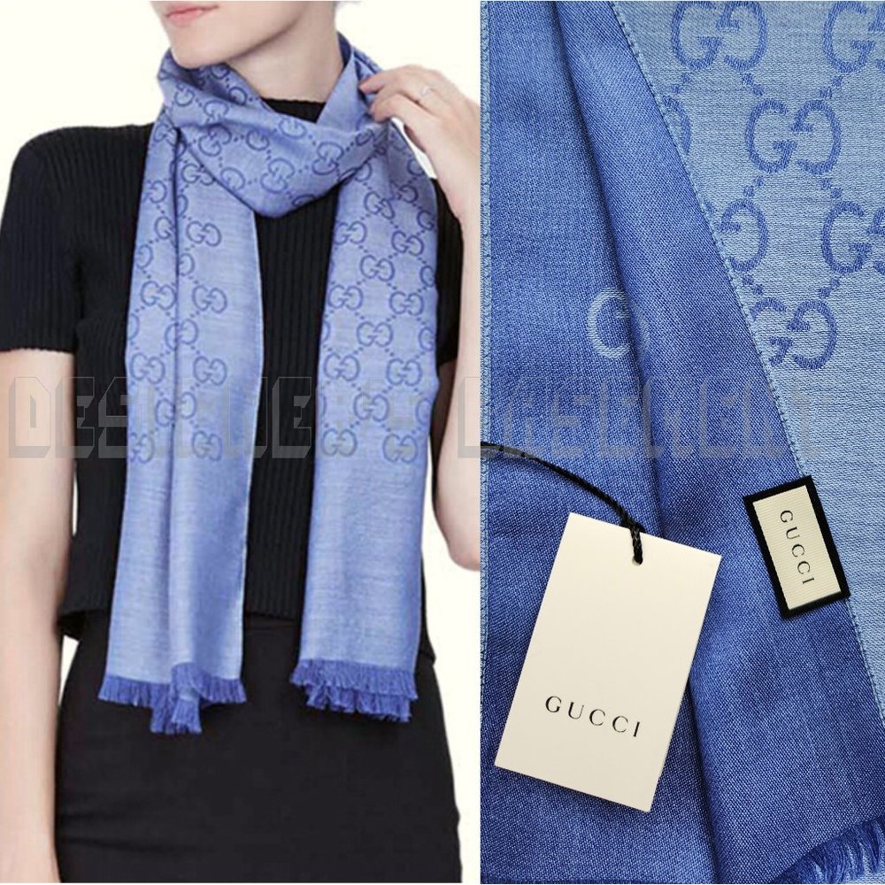 GUCCI Blue & Periwinkle GGNAT wool & silk 18"x70" shawl Pashmina scarf NWT